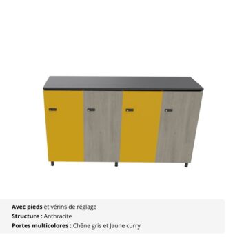 Rangement de bureau bois 4 portes avec serrures - H.89.3 cm - Cêne gris et jaune curry