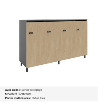 Rangement de bureau bois 4 portes avec serrures - H.89.3 cm - chêne clair