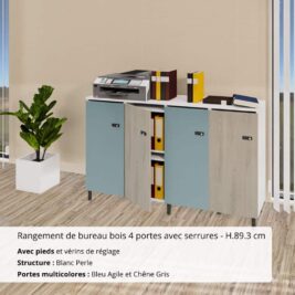 Rangement de bureau bois 4 portes avec serrures et avec pieds blanc perle et multicolore - H.89.3 cm