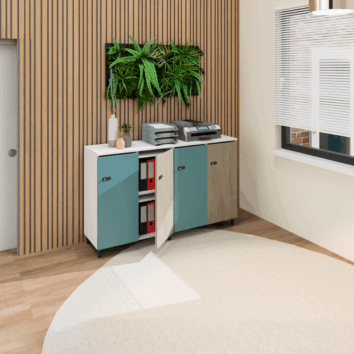 Rangement de bureau bois 4 portes avec serrures et avec pieds blanc perle et multicolore - H.89.3 cm - Ambiance simple