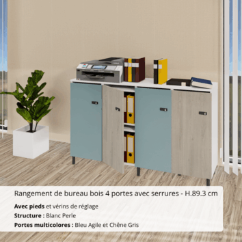 Rangement de bureau bois 4 portes avec serrures et avec pieds blanc perle et multicolore - H.89.3 cm - ambiance