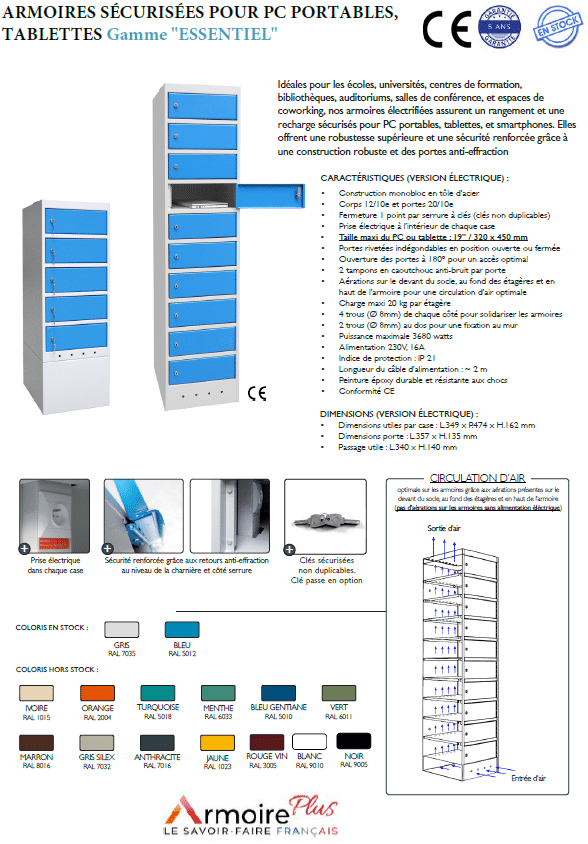 Armoire sécurisée pour PC portables et tablettes, Gamme Essentiel, avec plusieurs compartiments bleus, description des caractéristiques techniques et options de sécurité.