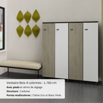 Vestiaire Bois 4 colonnes avec pieds – L.160 cm carbone et chene gris avec blanc perle
