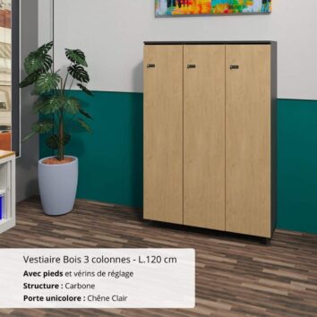 Vestiaire bois 3 colonnes sans pieds- L.120 cm carbone et chene clair