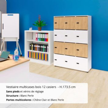 Vestiaire multicases bois 12 casiers - H.173.5 cm Blanc Perle et Chêne Clair