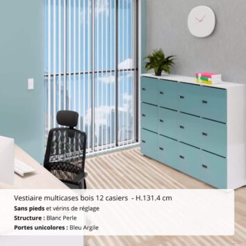 Vestiaire multicases bois 12 casiers - H131.4 cm Blanc Perle et Bleu Argile