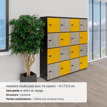 Vestiaire multicases bois 16 casiers - H.173.5 cm Chêne Gris et Jaune Curry