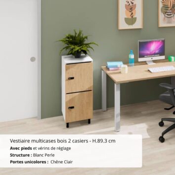 Vestiaire multicases bois 2 casiers - H.89.3 cm Blanc Perle et Chêne clair