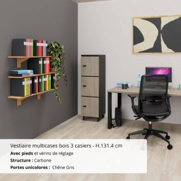 Vestiaire multicases bois 3 casiers - H.131.4 cm Carbone et Chêne Gris