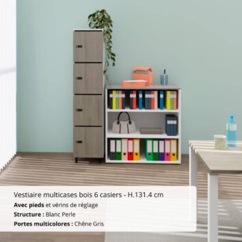 Vestiaire multicases bois 4 casiers - H.173.5 cm Blanc Perle et Chêne Gris