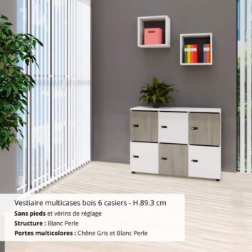 Vestiaire multicases bois 6 casiers - H.89.3 cm Blanc Perle et Chêne Gris