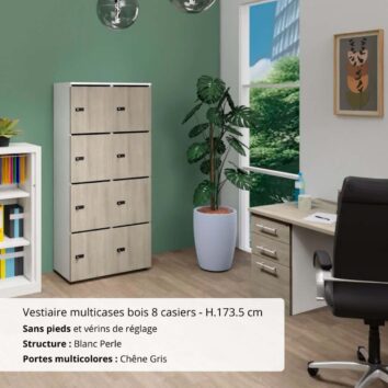 Vestiaire multicases bois 8 casiers - H.173.5 cm Blanc Perle et Chêne Gris