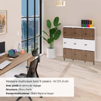 Vestiaire multicases bois 9 casiers - H.131.4 cm Blanc Perle et Noyer