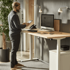 Bureau droit assis-debout électrique Healthet, blanc perle, L.140 cm, avec homme travaillant debout.