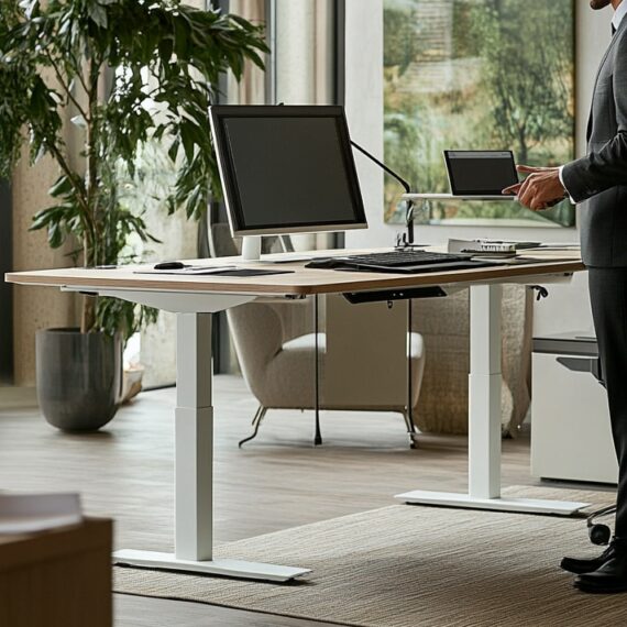 Bureau électrique assis-debout L200 cm, finition blanc perle, avec écran et accessoires. Ligne Healthet.