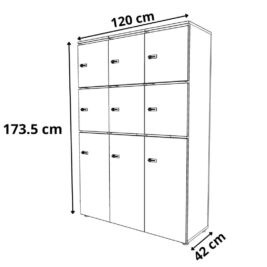 dimension rangement de bureau bois 3 colonnes avec serrures – H.173.5 cm
