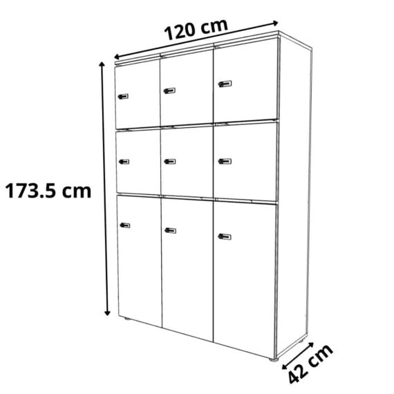 dimension rangement de bureau bois 3 colonnes avec serrures – H.173.5 cm