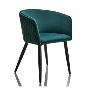 Chaise Emira Lounge moderne en velours vert, référence Chaufeuse-Emira-Lounge, pieds bois noirs, design élégant et confortable pour salon ou bureau.