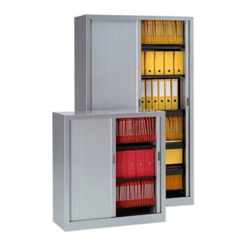 Armoire à rideaux coulissants avec dossiers suspendus colorés, disponible en plusieurs dimensions pour archives.