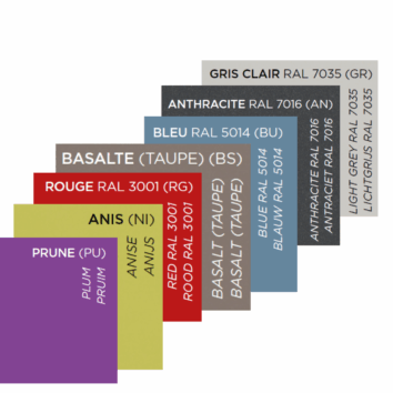 Palette de couleurs métalliques avec nuances incluant prune, anis, rouge, anthracite, gris clair et bleu.