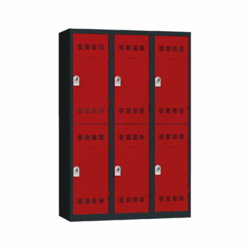 Vestiaire multicases PREMIUM, 3 colonnes, 2 casiers par colonne, structure anthracite, portes rouges, L 120 cm.