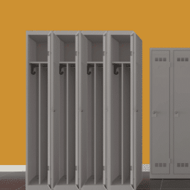 Vestiaire industriel monobloc gris à 4 cases, L. 120 cm, paroi séparative, gamme PREMIUM, fond orange.