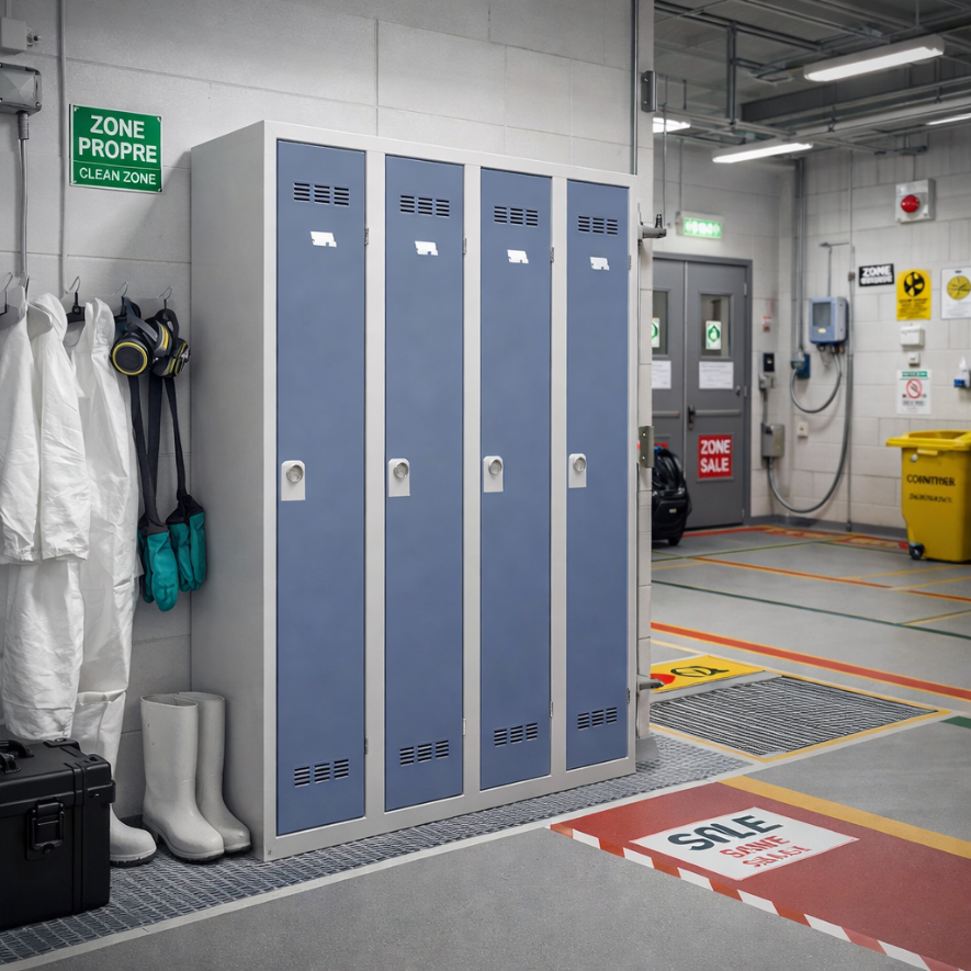 Vestiaire Industrie Salissante L. 120 cm avec Paroi Séparative - Gamme PREMIUM - 4 Cases - Monobloc