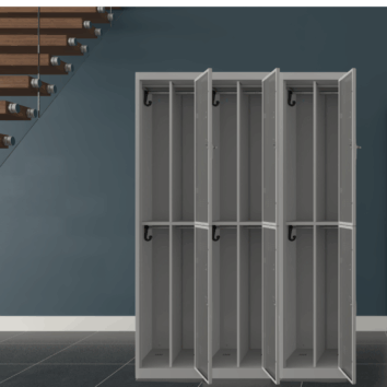 Vestiaire multicases PREMIUM avec trois colonnes et six casiers, paroi de séparation propre/sale.