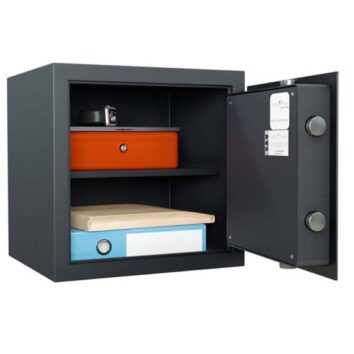 Petit coffre-fort de sécurité HES 50 avec serrure à code, ouvert, montrant des documents et objets sécurisés.