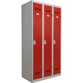 Vestiaire monobloc rouge à 3 cases, paroi séparative, pour industrie salissante, largeur 90 cm, Gamme PREMIUM.