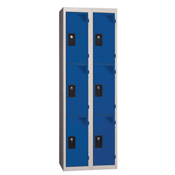 Vestiaire multicases gamme ACCESS à 2 colonnes et 3 casiers, monobloc, largeur 60 cm, portes bleues.