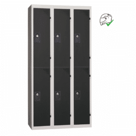 Vestiaire multicases ACCESS, 3 colonnes, 2 casiers par colonne, largeur 120 cm, monobloc, couleur noire et grise.