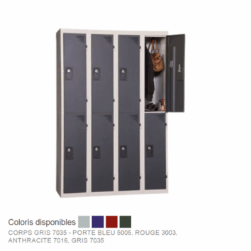 Vestiaire multicases ACCESS, 4 colonnes, 2 casiers par colonne, corps gris, portes bleu et rouge.