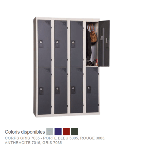 Vestiaire multicases ACCESS, 4 colonnes, 2 casiers par colonne, corps gris, portes bleu et rouge.
