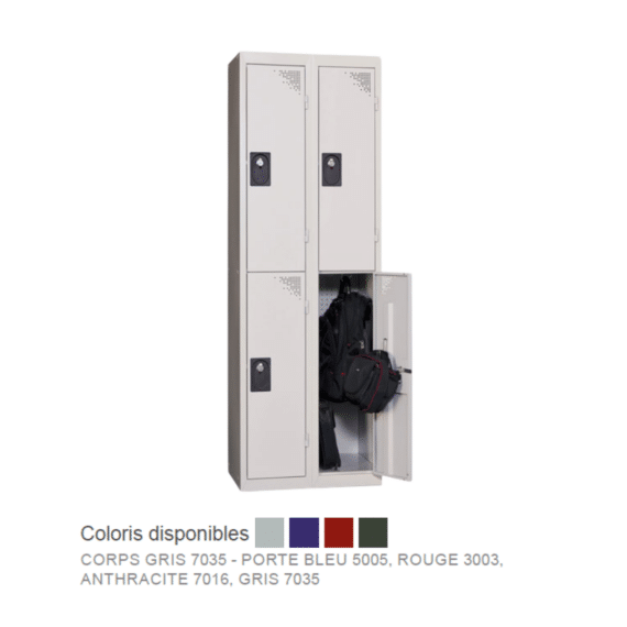 Vestiaire multicases ACCESS, 2 colonnes, 2 casiers, L.60 cm, monobloc, gris avec sac à dos visible.