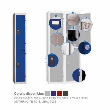 Vestiaire multicases ACCESS avec 2 casiers monoblocs, coloris gris et bleu, idéal pour rangement sécurisé.