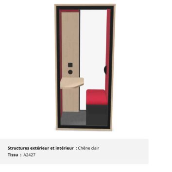 Cabine acoustique de bureau fond vitré 1 personne - Gamme Tranquillité Chêne clair et Rouge