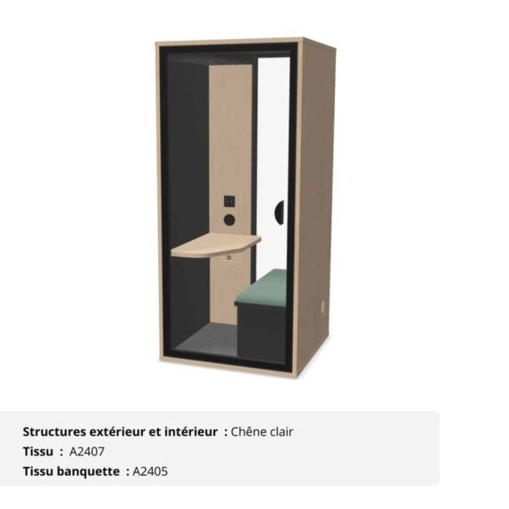 Cabine acoustique de bureau fond vitré 1 personne - Gamme Tranquillité Chêne clair et noir, bleu vert