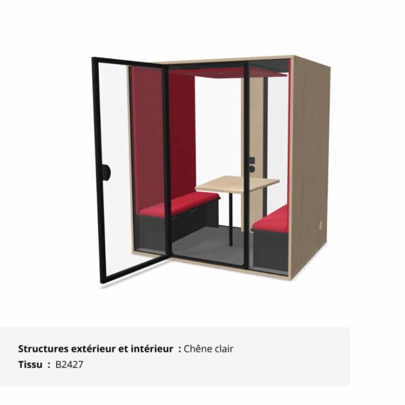Cabine acoustique de bureau fond vitré 4 personnes - Gamme Tranquillité Chêne clair et Rouge