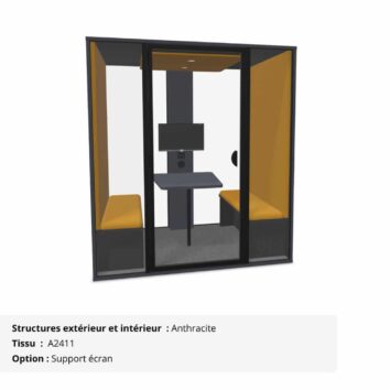 Cabine acoustique de bureau fond vitré 4 personnes - Gamme Tranquillité Anthracite et Jaune cumin