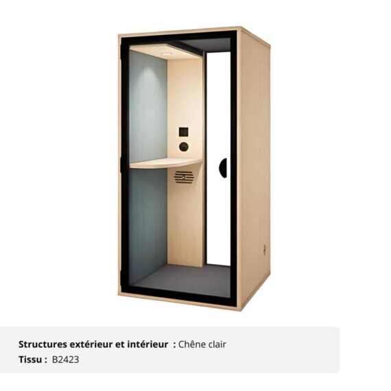 Cabine acoustique fond vitré 1 personne - Gamme Tranquillité Chêne clair et Vert sauge