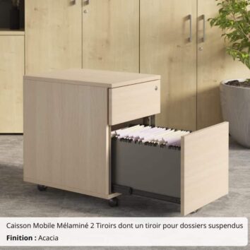 Caisson Mobile Mélaminé 2 Tiroirs dont un tiroir pour dossiers suspendus Acacia