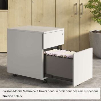Caisson Mobile Mélaminé 2 Tiroirs dont un tiroir pour dossiers suspendus blanc