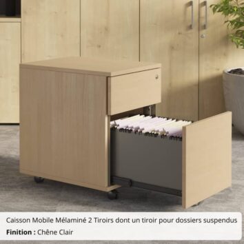 Caisson Mobile Mélaminé 2 Tiroirs dont un tiroir pour dossiers suspendus chene clair
