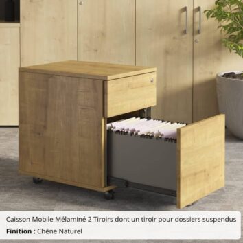 Caisson Mobile Mélaminé 2 Tiroirs dont un tiroir pour dossiers suspendus chene naturel