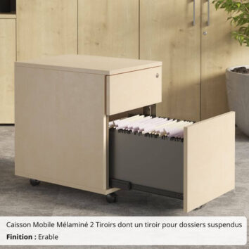 Caisson Mobile Mélaminé 2 Tiroirs dont un tiroir pour dossiers suspendus finition Erable