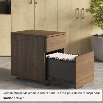 Caisson Mobile Mélaminé 2 Tiroirs dont un tiroir pour dossiers suspendus finition Noyer