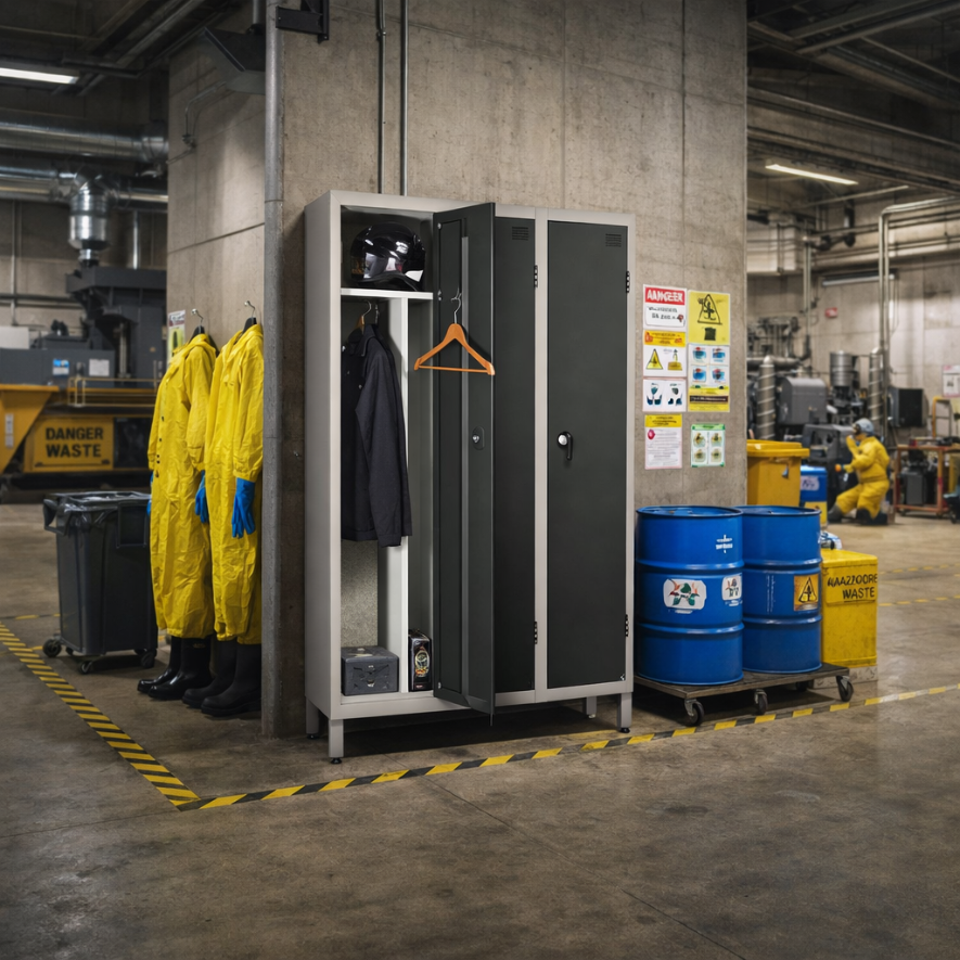 Vestiaire Industrie Salissante Gamme ACCESS – 3 colonnes en Kit ou en Monobloc vestiaire industrie salissante dans environnement d'usine avec casier ouvert