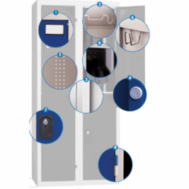 Vestiaire multicases Access avec 2 colonnes et 2 casiers, monobloc, largeur 60 cm, avec divers accessoires intégrés.