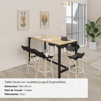Ambiance table haute sur roulettes jusqu'à 8 personnes coloris plan de travail Timber - piètement noir